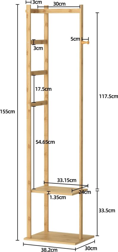 Kapstok van Bamboe - Vrijstaand Kledingrek - Garderobe met Kledingstang - 2 Planken - 3 Haken voor Kleding - Hoeden - Tassen - Hal - Entree - 38,2 x 30 x 155 cm