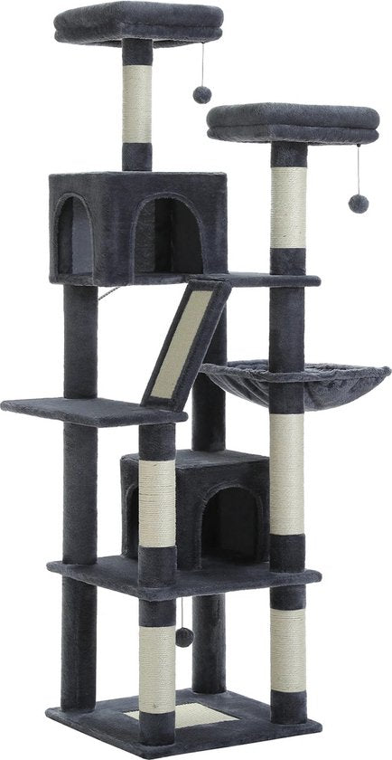 Whoopr® XXL Cat TowerCat - Kattenboom - Kattenhuis - Krabpaal - Hoge Kattentoren met Meerdere Niveaus - Pluche Kattenflat met Krabpalen, Krabplanken, Zitstokken en Grotten - 65x82x180 cm - Donkergrijs