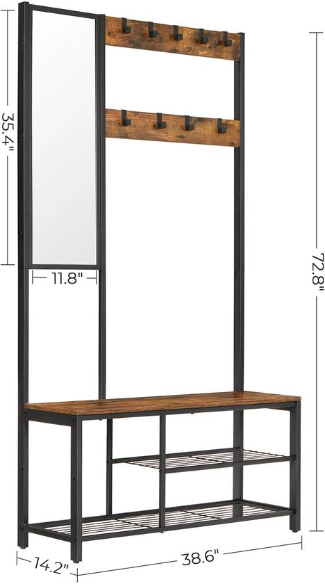 4-in-1 Halmeubel - Kapstok met Spiegel, Schoenenrek & Zitbank – Garderoberek - Organizer – 36x98x185 cm