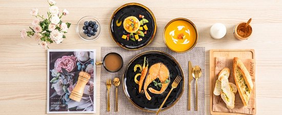 Luxueuze Porseleinen Serviesset - Servies 16 delig - Serviesgoed 16 stuks - Bordenset 4 persoons - Borden, Kopjes en Kommen - Zwart met Gouden Versiering