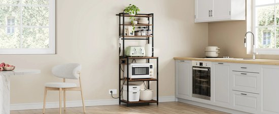 Keukenrek met Stopcontact – Stellingkast - Bakkerskast – 6 Lagen Staand Rek - Opbergrek Keuken – Hout & Metaal – 60x40x167 cm - Bruin
