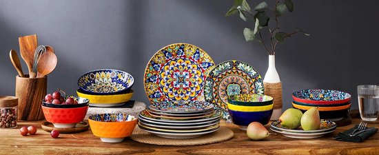 24-Delige Boheemse Stijl Keramische Serviesset - Serviesset 6 persoons - Hoogwaardig Steengoed Servies met Dinerborden, Dessertborden, Soepkommen en Ontbijt/Pasta Schalen