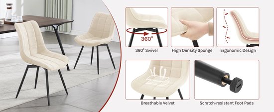 4-delige Set Draaibare Eetkamerstoelen – Fluwelen Gestoffeerde Stoelen – Zachte & Ergonomische Keukenstoelen – 360° Draaibaar – Voor Eetkamer, Woonkamer & Restaurant - Velvet - Zwart