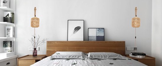 Houten Wandlamp - Voor Binnen - Vintage wandlamp met gevlochten rotan - E27 Retro wandverlichting met schakelaar en stekker - Voor slaapkamer - Woonkamer (Zonder gloeilamp)