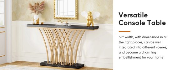 Eleganza Maison® Grid Console Table - Moderne Gouden Consoletafel - Haltafel - Wandtafel met Rastervormig Metalen Onderstel - Ideaal voor Ingang, Gang en Entree - Zwart - Goud - Marmer - 150 x 80 x 30 cm (B x H x D)