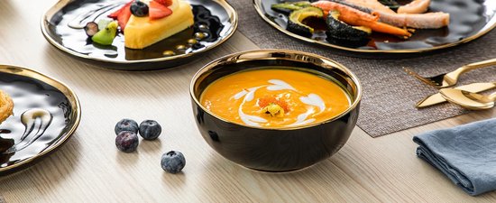 Luxueuze Porseleinen Serviesset - Servies 32 delig - Serviesgoed 32 stuks - Bordenset 8 persoons - Borden, Kopjes, Mokken en Kommen - Zwart met Gouden Versiering