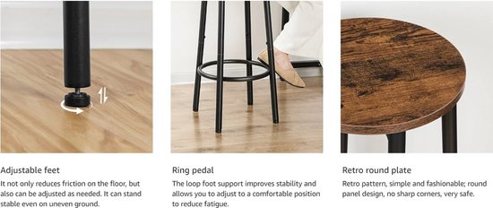 Set van 2 Barkrukken - Houten Zitting met Metalen Poten en Voetsteun - Barkruk - Hoge Krukken voor Aanrecht of Bar - Nordic Design voor Pub en Keuken - 30x30x64 cm