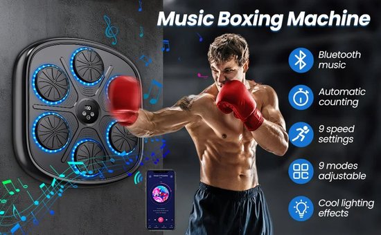 Smart Boxing machine - Boksmachine met Bluetooth & RGB-verlichting – Muurmontage Boks Trainer met Muziekfunctie – Inclusief Handschoenen voor Volwassenen & Kinderen – Boxmachine Voor Thuis - 8 x 42 x 45 cm