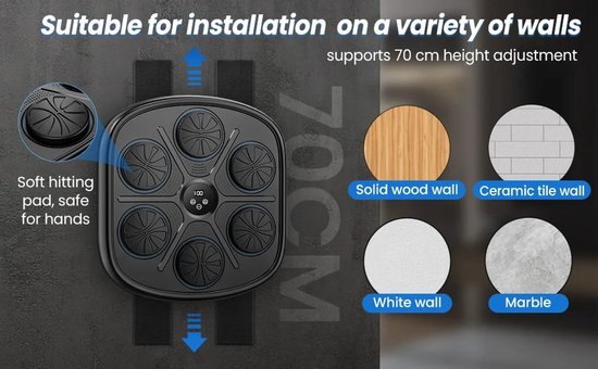 Smart Boxing machine - Boksmachine met Bluetooth & RGB-verlichting – Muurmontage Boks Trainer met Muziekfunctie – Inclusief Handschoenen voor Volwassenen & Kinderen – Boxmachine Voor Thuis - 8 x 42 x 45 cm