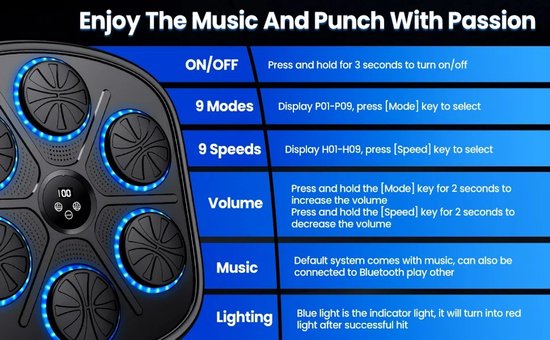 Smart Boxing machine - Boksmachine met Bluetooth & RGB-verlichting – Muurmontage Boks Trainer met Muziekfunctie – Inclusief Handschoenen voor Volwassenen & Kinderen – Boxmachine Voor Thuis - 8 x 42 x 45 cm