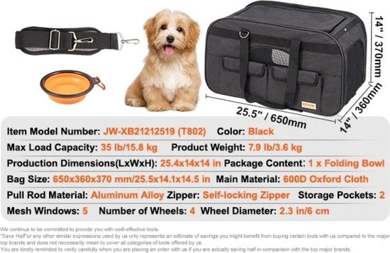Whoopr® - Reismand Kat en Hond - Huisdier Drager Trolley - Ademend Reistas met Telescopische Handgreep, Wielen en Schouderriem - Draagbare Rugzak - Draagtas Honden - Perfect voor Uitgaan en Reizen met Honden en Katten