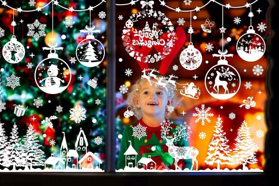 Kerst Raamstickers – 163 Stuks Zelfklevende Sneeuwvlokken – Witte Kerstdecoratie – Herbruikbare Statische Raamdecoratie – Kerstmis, Rendieren en Kerstballen Decoratie - Kerstversiering voor Ramen & Deuren