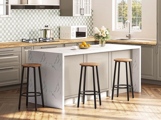 Set van 2 Barkrukken - Houten Zitting met Metalen Poten en Voetsteun - Barkruk - Hoge Krukken voor Aanrecht of Bar - Nordic Design voor Pub en Keuken - 30x30x64 cm