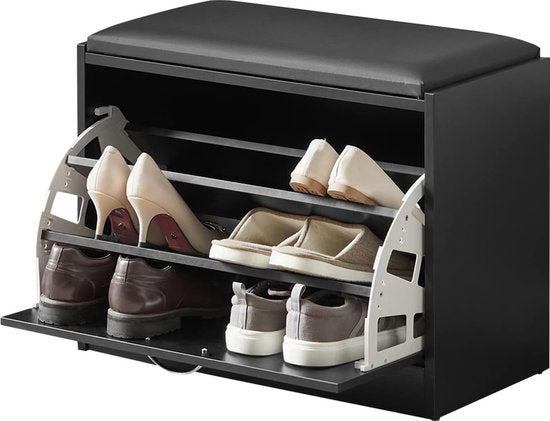 Schoenenbank met zitkussen - Schoenenrek Schoenenkast met Zitvlak, Zitbank - Schoenenopbergsysteem - Schoenenopbergrek- zwart - 60 x 30 x 47 cm