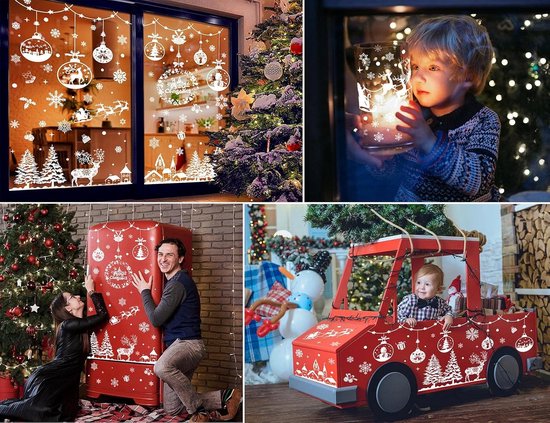 Kerst Raamstickers – 163 Stuks Zelfklevende Sneeuwvlokken – Witte Kerstdecoratie – Herbruikbare Statische Raamdecoratie – Kerstmis, Rendieren en Kerstballen Decoratie - Kerstversiering voor Ramen & Deuren