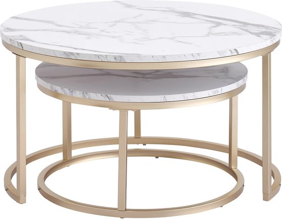 Eleganza Maison® - Luxueuze Set van 2 Ronde Salontafels met Marmeren Textuur en Gouden Frame - 2-in-1 Combinatie Meubels voor Woonkamer - Koffietafel - Thee tafel - Wit - 80 en 60 cm