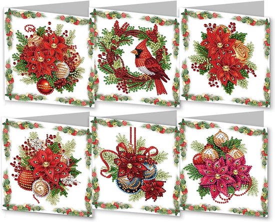 6-delige DIY Diamond Painting Kerstkaarten – Wenskaarten met Enveloppen – Kerstster en Krans Design Kerst – Diamant Knutselpakket – Complete Set – Creatief Kerstcadeau – 6 Stuks