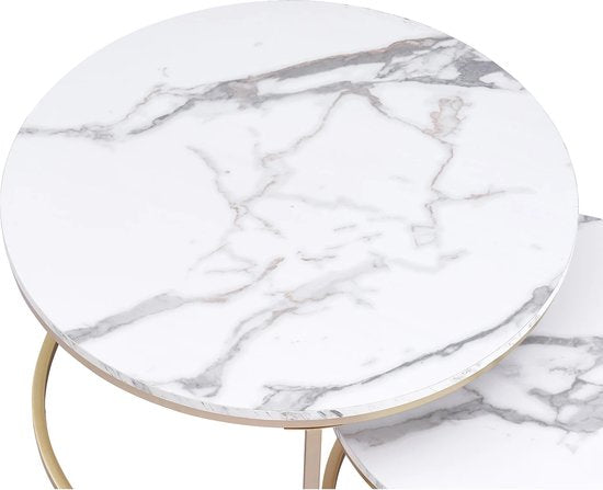 Eleganza Maison® - Luxueuze Set van 2 Ronde Salontafels met Marmeren Textuur en Gouden Frame - 2-in-1 Combinatie Meubels voor Woonkamer - Koffietafel - Thee tafel - Wit - 80 en 60 cm