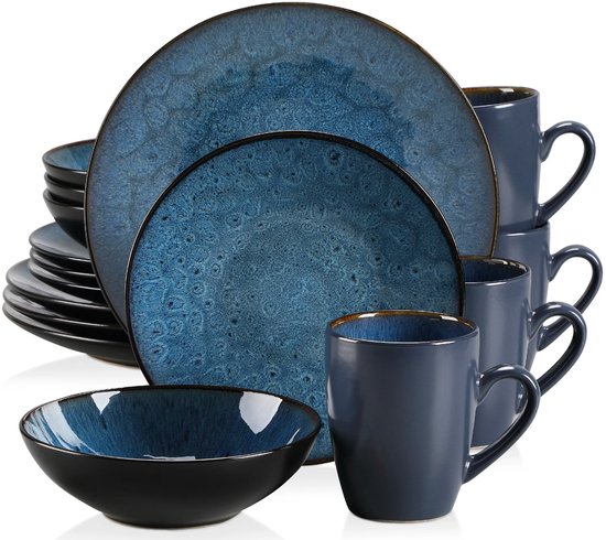 16-delige Serviesset – Keramisch Servies – Dinerborden, Dessertborden, Schalen & Koffiekopjes – Complete Tafelservies Set - Serviesset 4 Persoons - 16 stuks - Blauw