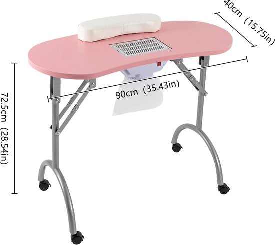 Opvouwbare Nageltafel met Wielen - Inklapbaar - Tafel Nagelsalon - Multifunctionele Draagbare Manicure Tafel met MDF Tafelblad voor Thuis en Nagelstudio's - 90x40x72,5 cm
