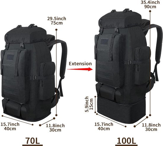 Survival Backpack - Verstelbare capaciteit: 70-100 Liter - Extra Grote Waterdichte Outdoor Rugtas voor Dames & Heren - Camping Rugzak met MOLLE-Systeem (Modulair Uitbreidbaar) - Militaire Trekking Backpack voor Wandelen, Hiking & Reizen - Zwart