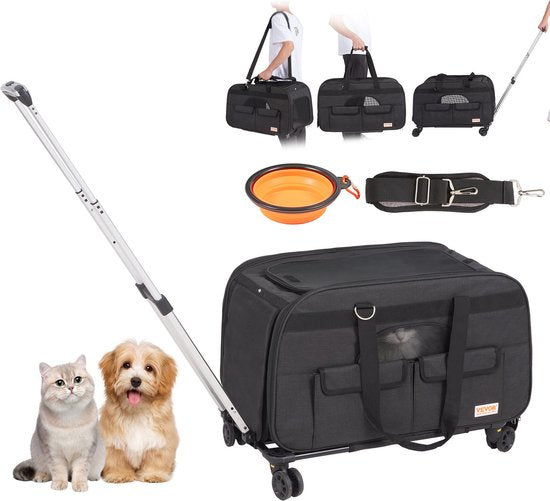 Whoopr® - Reismand Kat en Hond - Huisdier Drager Trolley - Ademend Reistas met Telescopische Handgreep, Wielen en Schouderriem - Draagbare Rugzak - Draagtas Honden - Perfect voor Uitgaan en Reizen met Honden en Katten