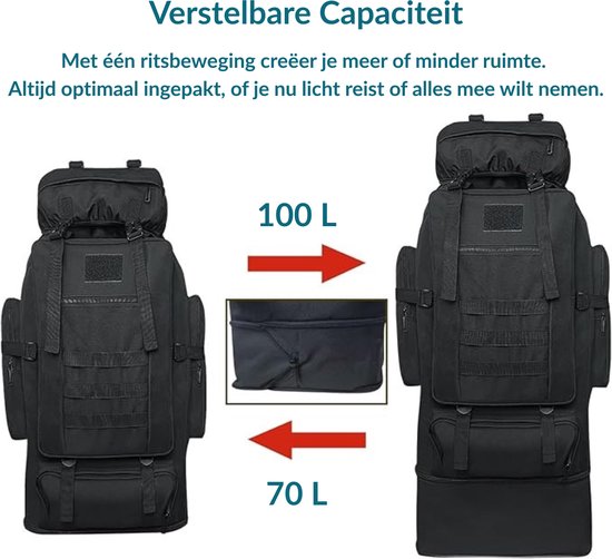 Survival Backpack - Verstelbare capaciteit: 70-100 Liter - Extra Grote Waterdichte Outdoor Rugtas voor Dames & Heren - Camping Rugzak met MOLLE-Systeem (Modulair Uitbreidbaar) - Militaire Trekking Backpack voor Wandelen, Hiking & Reizen - Zwart