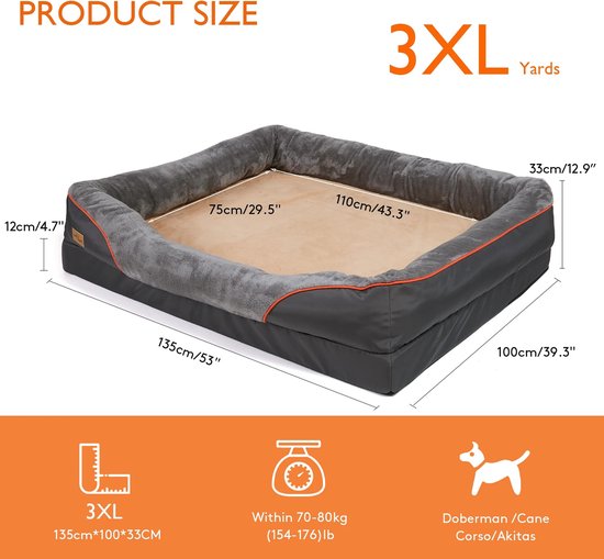 Whoopr® Hondensofa - Groot Hondenbed - Hondenmand - Zacht en Comfortabel - Anti-Allergie Warm Fleece - Verwijderbare en Wasbare Hoes - Waterdicht Huisdierbed - 135 x 100 x 33 cm - Maat 3XL