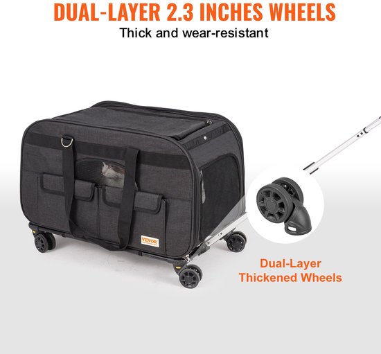 Whoopr® - Reismand Kat en Hond - Huisdier Drager Trolley - Ademend Reistas met Telescopische Handgreep, Wielen en Schouderriem - Draagbare Rugzak - Draagtas Honden - Perfect voor Uitgaan en Reizen met Honden en Katten