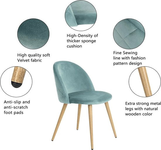 Cozy Cottage® Set van 4 Eetkamerstoelen - Zacht Fluwelen Bekleding met Metalen Poten - Stoelen - Geschikt voor Keuken, Eetkamer, Woonkamer en Lounge - 43 x 48 x 80 cm - Velvet - Turquoise
