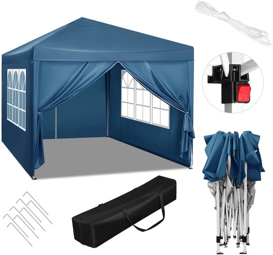 Easy Up Partytent - Tuintent - Opvouwbare Luifel met Waterdichte & UV Zonbescherming - Camping Paviljoen met Draagtas - Opvouwbaar - Waterdicht - Tent met Zijwanden - In Hoogte Verstelbaar - 3 x 3 m