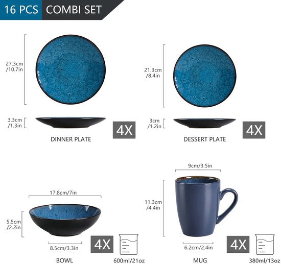 16-delige Serviesset – Keramisch Servies – Dinerborden, Dessertborden, Schalen & Koffiekopjes – Complete Tafelservies Set - Serviesset 4 Persoons - 16 stuks - Blauw