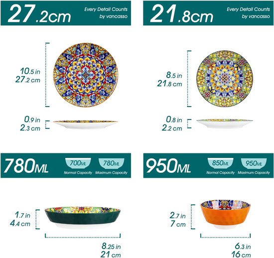 24-Delige Boheemse Stijl Keramische Serviesset - Serviesset 6 persoons - Hoogwaardig Steengoed Servies met Dinerborden, Dessertborden, Soepkommen en Ontbijt/Pasta Schalen