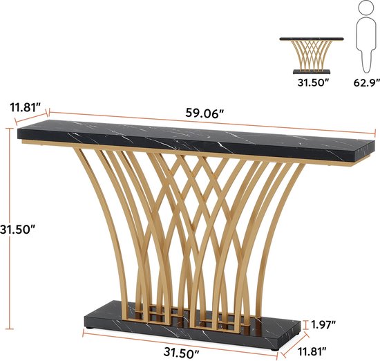 Eleganza Maison® Grid Console Table - Moderne Gouden Consoletafel - Haltafel - Wandtafel met Rastervormig Metalen Onderstel - Ideaal voor Ingang, Gang en Entree - Zwart - Goud - Marmer - 150 x 80 x 30 cm (B x H x D)
