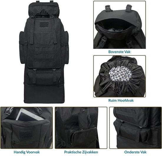 Survival Backpack - Verstelbare capaciteit: 70-100 Liter - Extra Grote Waterdichte Outdoor Rugtas voor Dames & Heren - Camping Rugzak met MOLLE-Systeem (Modulair Uitbreidbaar) - Militaire Trekking Backpack voor Wandelen, Hiking & Reizen - Zwart