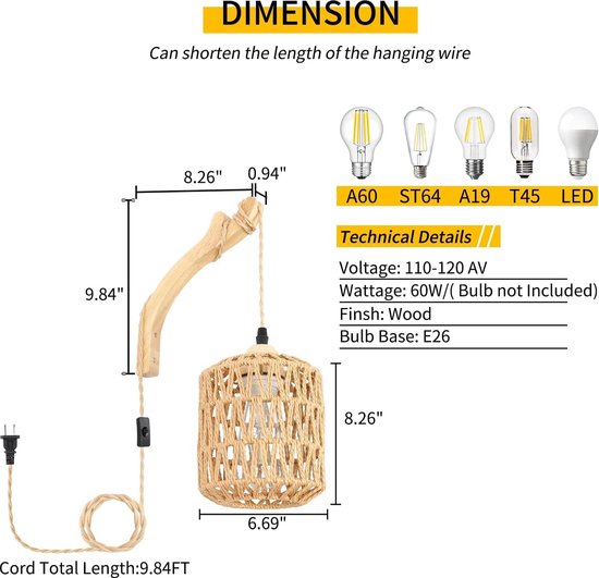 Houten Wandlamp - Voor Binnen - Vintage wandlamp met gevlochten rotan - E27 Retro wandverlichting met schakelaar en stekker - Voor slaapkamer - Woonkamer (Zonder gloeilamp)