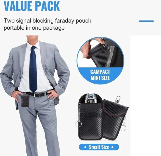 RFID Beschermhoes Autosleutel - Set van 2 Faraday Pouches - Anti-diefstal Autosleutel Blokkeringshoes - Dubbele Lagen Carbon - Ingebouwde Sleutelclips - Signaal Blokkerende Tas voor Autosleutels - 2 stuks