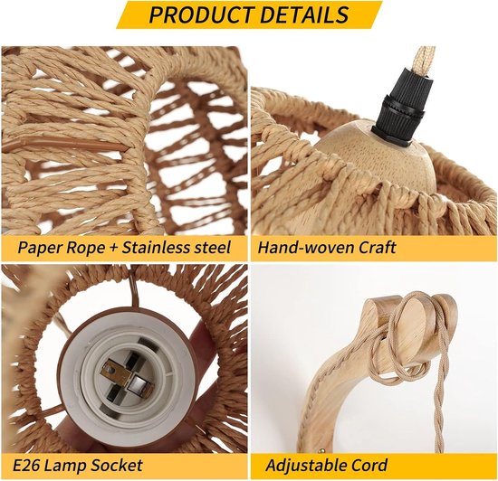 Houten Wandlamp - Voor Binnen - Vintage wandlamp met gevlochten rotan - E27 Retro wandverlichting met schakelaar en stekker - Voor slaapkamer - Woonkamer (Zonder gloeilamp)