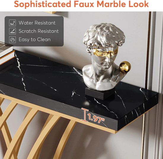 Eleganza Maison® Grid Console Table - Moderne Gouden Consoletafel - Haltafel - Wandtafel met Rastervormig Metalen Onderstel - Ideaal voor Ingang, Gang en Entree - Zwart - Goud - Marmer - 150 x 80 x 30 cm (B x H x D)