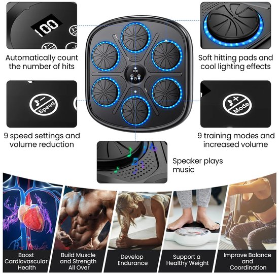 Smart Boxing machine - Boksmachine met Bluetooth & RGB-verlichting – Muurmontage Boks Trainer met Muziekfunctie – Inclusief Handschoenen voor Volwassenen & Kinderen – Boxmachine Voor Thuis - 8 x 42 x 45 cm