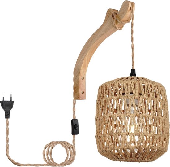 Houten Wandlamp - Voor Binnen - Vintage wandlamp met gevlochten rotan - E27 Retro wandverlichting met schakelaar en stekker - Voor slaapkamer - Woonkamer (Zonder gloeilamp)