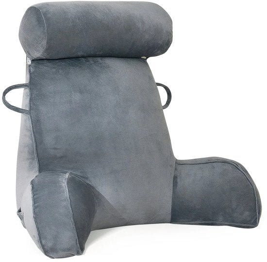 Leeskussen met Afneembare Nekrol – Comfortabel Rugkussen met Rugleuning – Onderrug Ondersteuning voor Bed & Bank – 75x40x50 cm – Ideaal om te Lezen, Relaxen & TV-kijken - Grijs