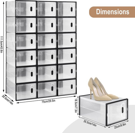 Set van 18 Sneakerboxen - Sneakerbox Organizer - Schoenendozen – Transparante Magnetische Deur – Stapelbare Opbergboxen & Organizers – 35x25x19 cm – Zwart