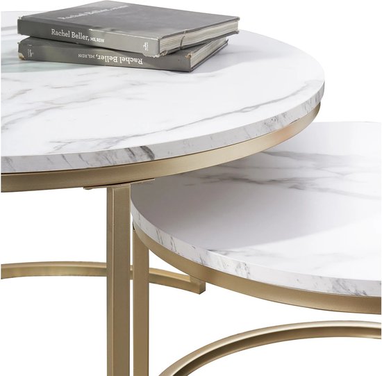 Eleganza Maison® - Luxueuze Set van 2 Ronde Salontafels met Marmeren Textuur en Gouden Frame - 2-in-1 Combinatie Meubels voor Woonkamer - Koffietafel - Thee tafel - Wit - 80 en 60 cm