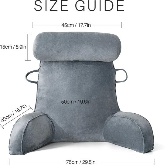 Leeskussen met Afneembare Nekrol – Comfortabel Rugkussen met Rugleuning – Onderrug Ondersteuning voor Bed & Bank – 75x40x50 cm – Ideaal om te Lezen, Relaxen & TV-kijken - Grijs