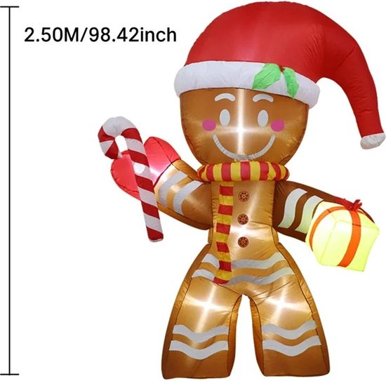 Opblaasbare Kerstdecoratie - Reusachtige Peperkoekman met 6 Ingebouwde LED's - Kerstversiering - Verlichting - Buiten Kerstspeelgoed voor Kinderen - 2.5M