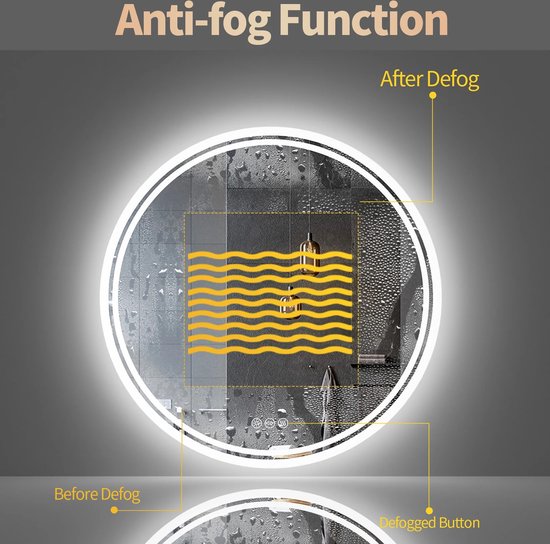 Eleganza Maison® Luxueuze Badkamerspiegel met LED verlichting - Spiegel met Licht - Cirkelvormig Backlit Verlichte Wandspiegel - Anti-Fog, Dimbaar, 3 Kleuren, IP65 - 61 x 61 cm