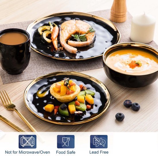 Luxueuze Porseleinen Serviesset - Servies 32 delig - Serviesgoed 32 stuks - Bordenset 8 persoons - Borden, Kopjes, Mokken en Kommen - Zwart met Gouden Versiering