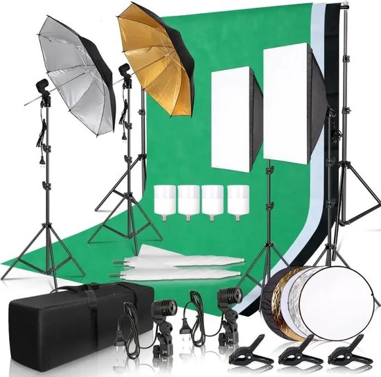 Fotostudio Softbox Verlichtingskit met Achtergrondframe - Achtergrondsysteem - Studio Fotografie - Inclusief 3 Achtergronden, Statief, Reflectorbord en 4 Paraplu's - Complete Set