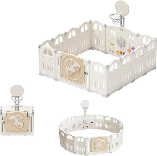 Inklapbare Babybox - Opvouwbare Baby Box Met Basketbal Hoepel & 50 Gekleurde Pit Ballen - Speelgoed voor kinderen - 14-Panel Speelhek Voor Peuters En Baby's - 149x152x62CM